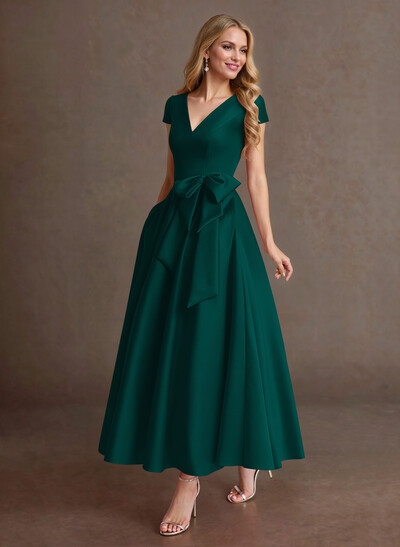 Elegant A-Line V-Neck Cap Sleeves Mother Of The Bride Dresses With Bow(s)/Pockets