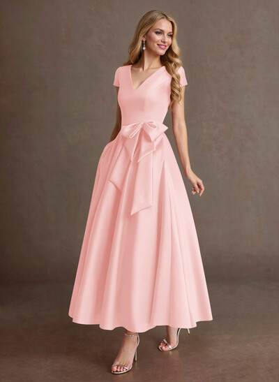 Elegant A-Line V-Neck Cap Sleeves Mother Of The Bride Dresses With Bow(s)/Pockets