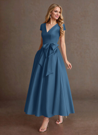 Elegant A-Line V-Neck Cap Sleeves Mother Of The Bride Dresses With Bow(s)/Pockets