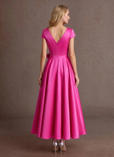 Elegant A-Line V-Neck Cap Sleeves Mother Of The Bride Dresses With Bow(s)/Pockets