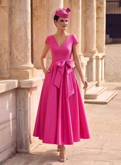 Elegant A-Line V-Neck Cap Sleeves Mother Of The Bride Dresses With Bow(s)/Pockets