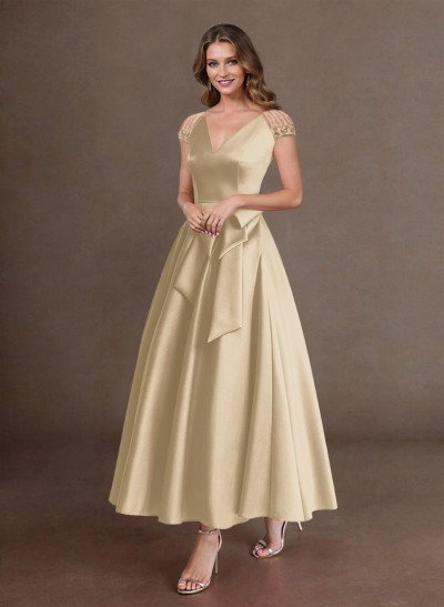 Elegant A-Line V-Neck Cap Sleeves Mother Of The Bride Dresses With Bow(s)/Pockets