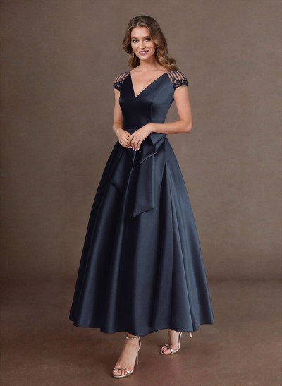 Elegant A-Line V-Neck Cap Sleeves Mother Of The Bride Dresses With Bow(s)/Pockets