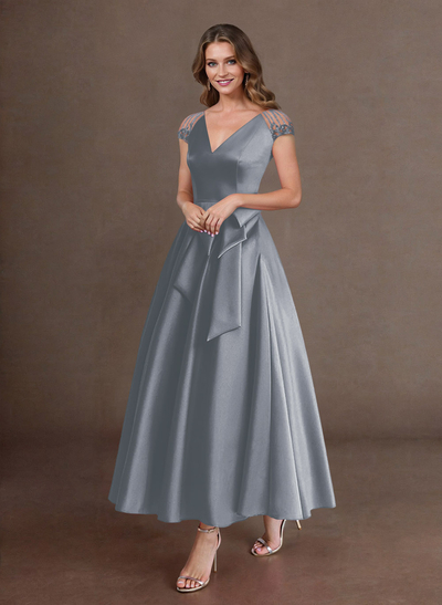 Elegant A-Line V-Neck Cap Sleeves Mother Of The Bride Dresses With Bow(s)/Pockets