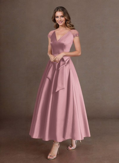 Elegant A-Line V-Neck Cap Sleeves Mother Of The Bride Dresses With Bow(s)/Pockets