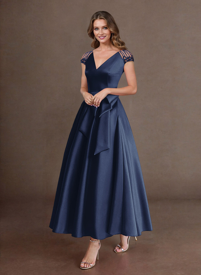 Elegant A-Line V-Neck Cap Sleeves Mother Of The Bride Dresses With Bow(s)/Pockets