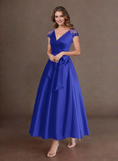 Elegant A-Line V-Neck Cap Sleeves Mother Of The Bride Dresses With Bow(s)/Pockets