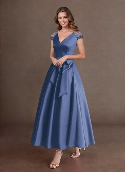 Elegant A-Line V-Neck Cap Sleeves Mother Of The Bride Dresses With Bow(s)/Pockets