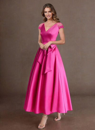Elegant A-Line V-Neck Cap Sleeves Mother Of The Bride Dresses With Bow(s)/Pockets