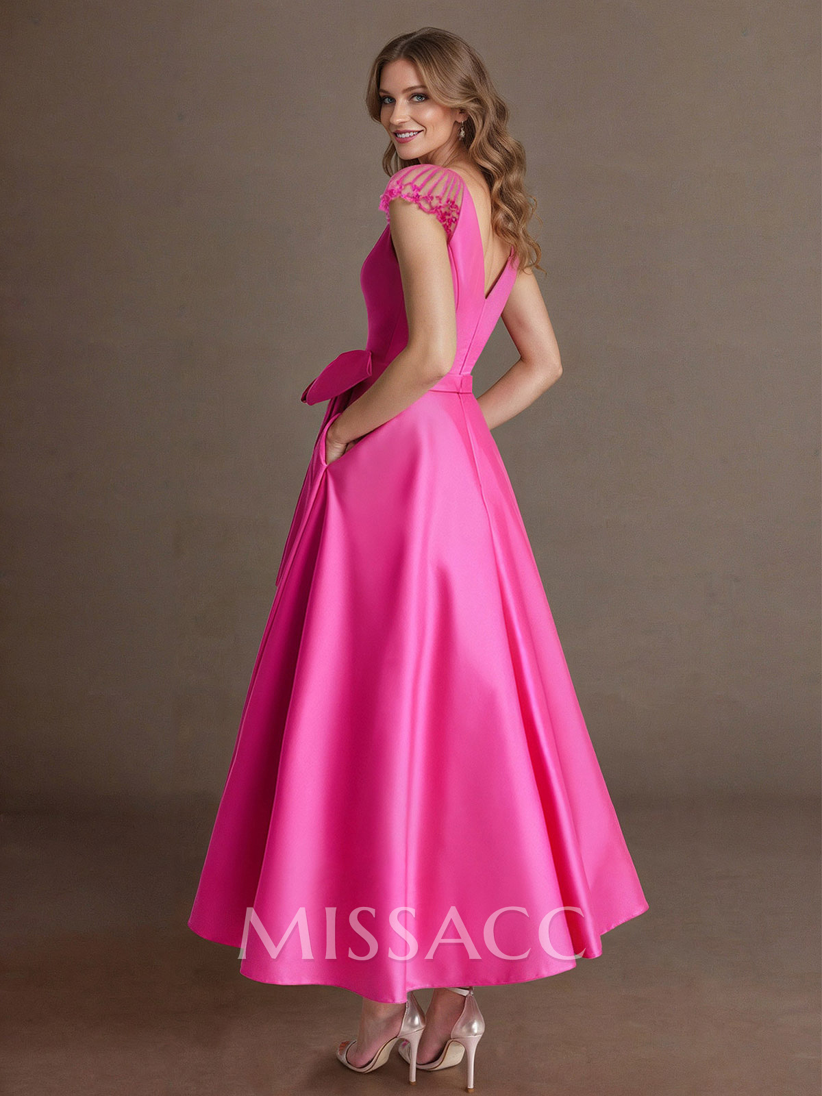 Elegant A-Line V-Neck Cap Sleeves Mother Of The Bride Dresses With Bow(s)/Pockets