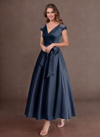 Elegant A-Line V-Neck Cap Sleeves Mother Of The Bride Dresses With Bow(s)/Pockets