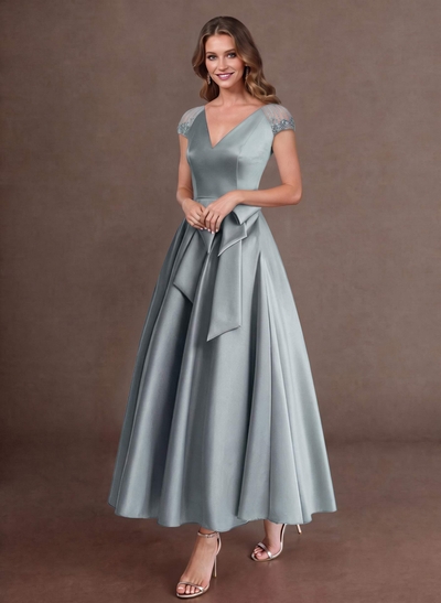 Elegant A-Line V-Neck Cap Sleeves Mother Of The Bride Dresses With Bow(s)/Pockets