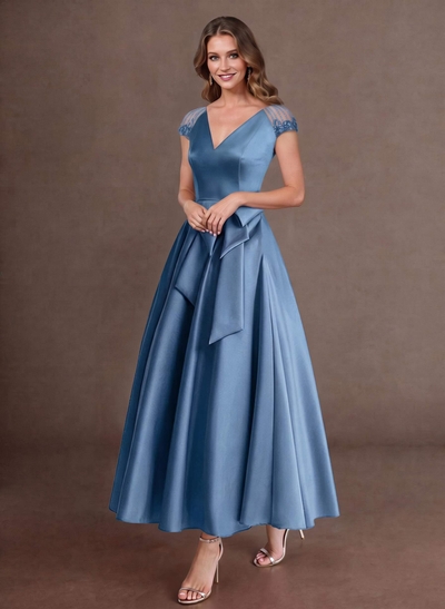 Elegant A-Line V-Neck Cap Sleeves Mother Of The Bride Dresses With Bow(s)/Pockets