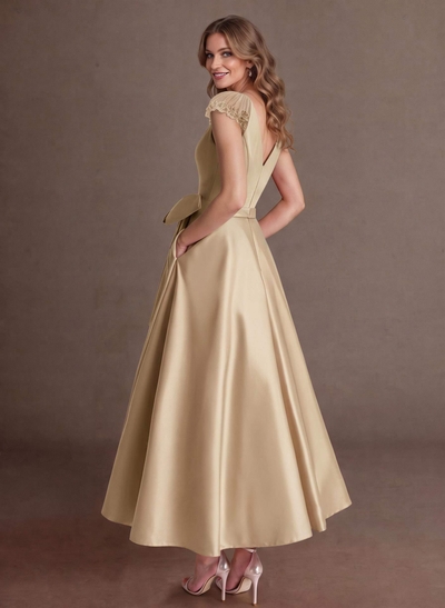 Elegant A-Line V-Neck Cap Sleeves Mother Of The Bride Dresses With Bow(s)/Pockets