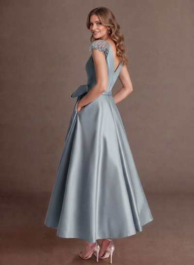 Elegant A-Line V-Neck Cap Sleeves Mother Of The Bride Dresses With Bow(s)/Pockets