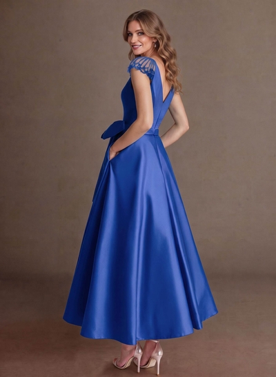 Elegant A-Line V-Neck Cap Sleeves Mother Of The Bride Dresses With Bow(s)/Pockets