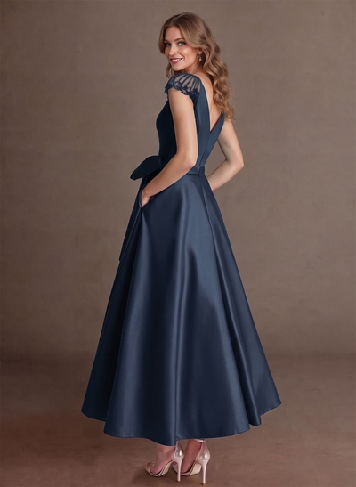 Elegant A-Line V-Neck Cap Sleeves Mother Of The Bride Dresses With Bow(s)/Pockets