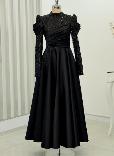 A-Line High Neck Long Sleeves Satin Evening Dresses With Beading