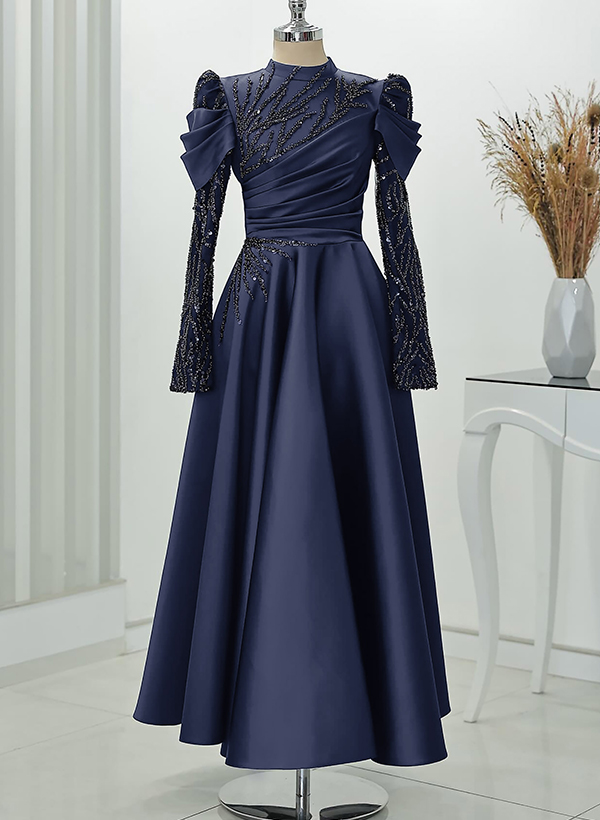 A-Line High Neck Long Sleeves Satin Evening Dresses With Beading