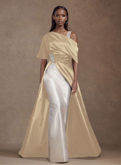 Unique Two Tone Asymmetrical Overskirt Satin Mother Of The Bride Dresses With Rhinestone