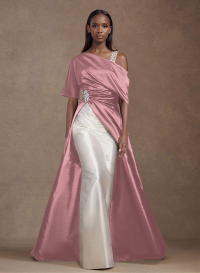 Unique Two Tone Asymmetrical Overskirt Satin Mother Of The Bride Dresses With Rhinestone