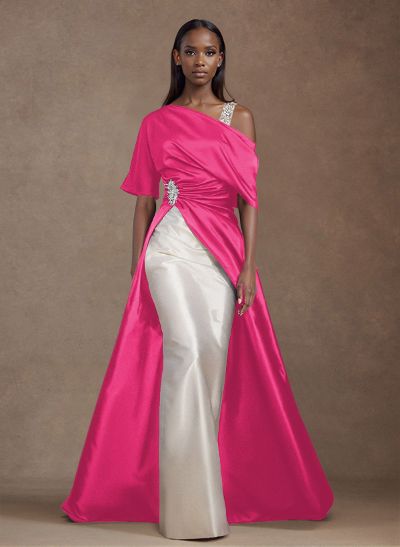 Unique Two Tone Asymmetrical Overskirt Satin Mother Of The Bride Dresses With Rhinestone