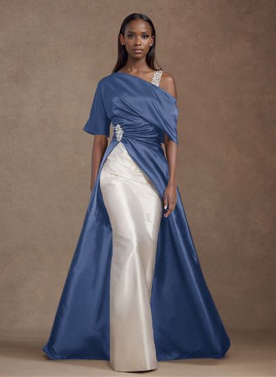 Unique Two Tone Asymmetrical Overskirt Satin Mother Of The Bride Dresses With Rhinestone