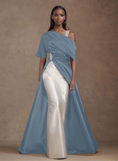 Unique Two Tone Asymmetrical Overskirt Crepe Satin Mother Of The Bride Dresses With Rhinestone