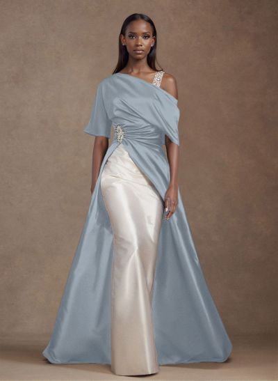 Unique Two Tone Asymmetrical Overskirt Crepe Satin Mother Of The Bride Dresses With Rhinestone