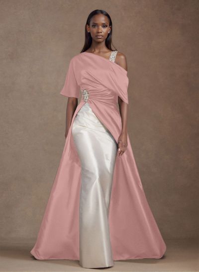 Unique Two Tone Asymmetrical Overskirt Crepe Satin Mother Of The Bride Dresses With Rhinestone