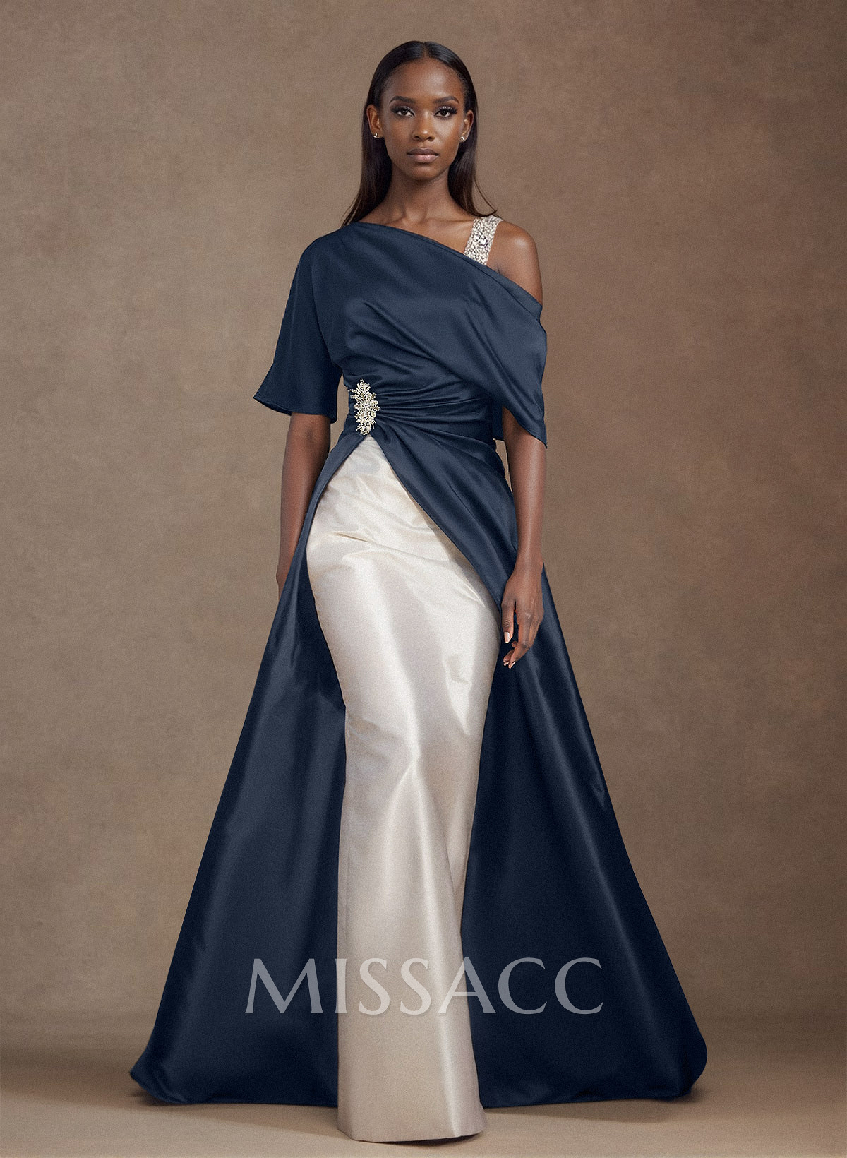 Unique Two Tone Asymmetrical Overskirt Crepe Satin Mother Of The Bride Dresses With Rhinestone Unique Two Tone Asymmetrical Overskirt Crepe Satin Mother Of The Bride Dresses With Rhinestone
