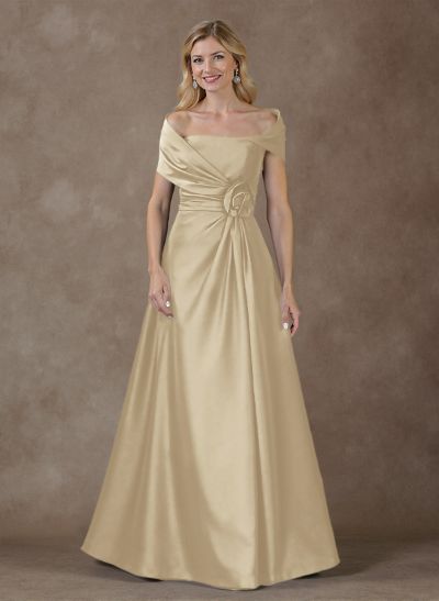 Modest A-Line Wrap Off Shoulder Sleeveless Satin Mother Of The Bride Dresses With 3D Floral