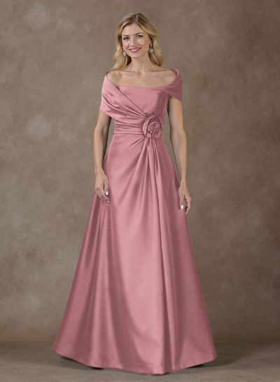 Modest A-Line Wrap Off Shoulder Sleeveless Satin Mother Of The Bride Dresses With 3D Floral