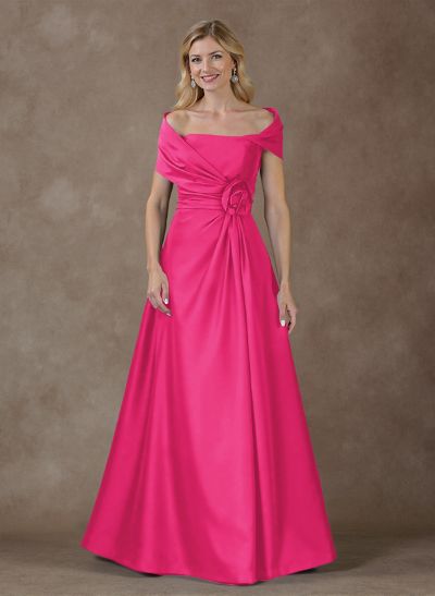 Modest A-Line Wrap Off Shoulder Sleeveless Satin Mother Of The Bride Dresses With 3D Floral