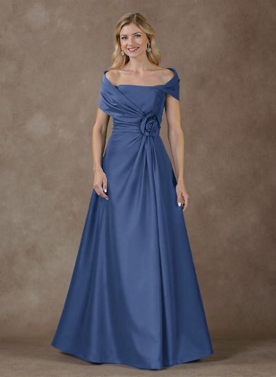 Modest A-Line Wrap Off Shoulder Sleeveless Satin Mother Of The Bride Dresses With 3D Floral