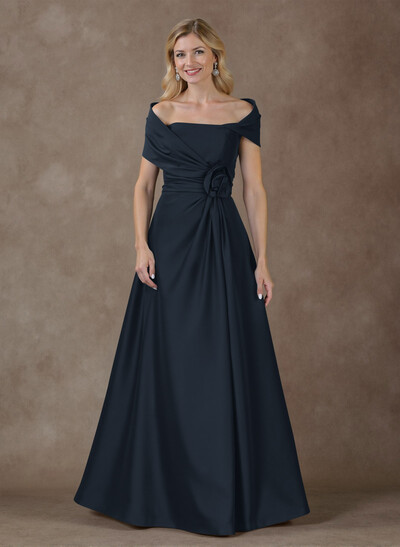 Modest A-Line Wrap Off Shoulder Sleeveless Satin Mother Of The Bride Dresses With 3D Floral