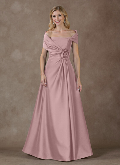 Modest A-Line Wrap Off Shoulder Sleeveless Satin Mother Of The Bride Dresses With 3D Floral