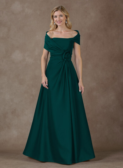 Modest A-Line Wrap Off Shoulder Sleeveless Satin Mother Of The Bride Dresses With 3D Floral