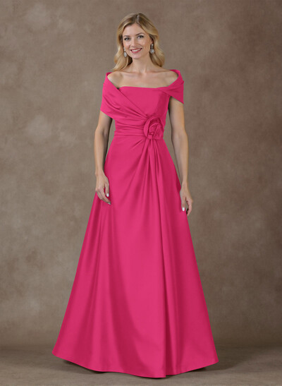 Modest A-Line Wrap Off Shoulder Sleeveless Satin Mother Of The Bride Dresses With 3D Floral