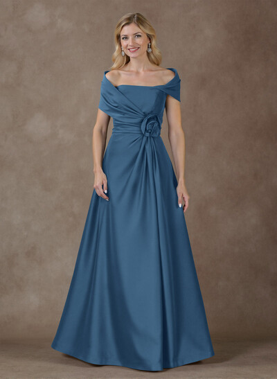 Modest A-Line Wrap Off Shoulder Sleeveless Satin Mother Of The Bride Dresses With 3D Floral