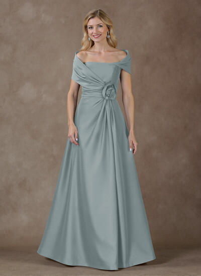 Modest A-Line Wrap Off Shoulder Sleeveless Satin Mother Of The Bride Dresses With 3D Floral
