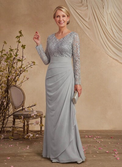 Classy V-Neck Long Sleeves Chiffon Mother Of The Bride Dresses With Ruffle/Lace