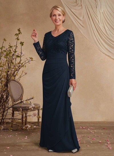 Classy V-Neck Long Sleeves Chiffon Mother Of The Bride Dresses With Ruffle/Lace