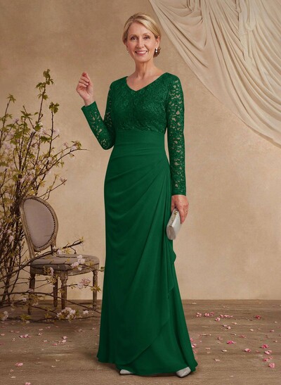 Classy V-Neck Long Sleeves Chiffon Mother Of The Bride Dresses With Ruffle/Lace