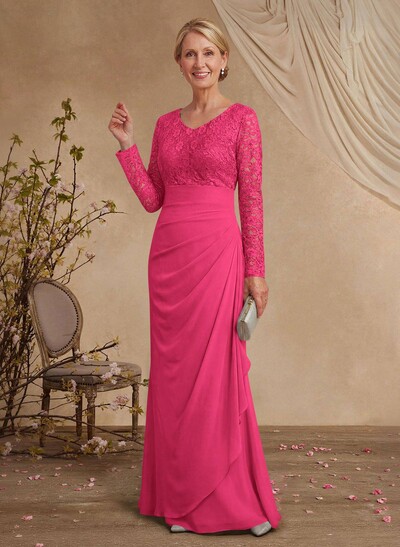 Classy V-Neck Long Sleeves Chiffon Mother Of The Bride Dresses With Ruffle/Lace
