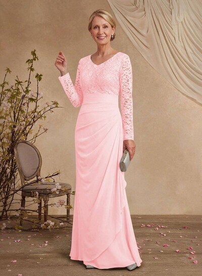 Classy V-Neck Long Sleeves Chiffon Mother Of The Bride Dresses With Ruffle/Lace
