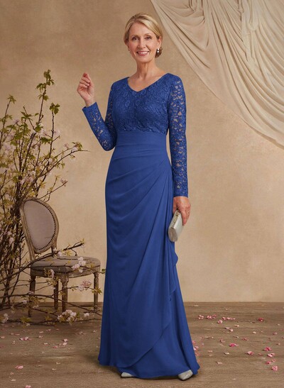 Classy V-Neck Long Sleeves Chiffon Mother Of The Bride Dresses With Ruffle/Lace