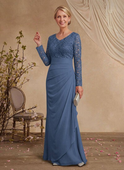 Classy V-Neck Long Sleeves Chiffon Mother Of The Bride Dresses With Ruffle/Lace