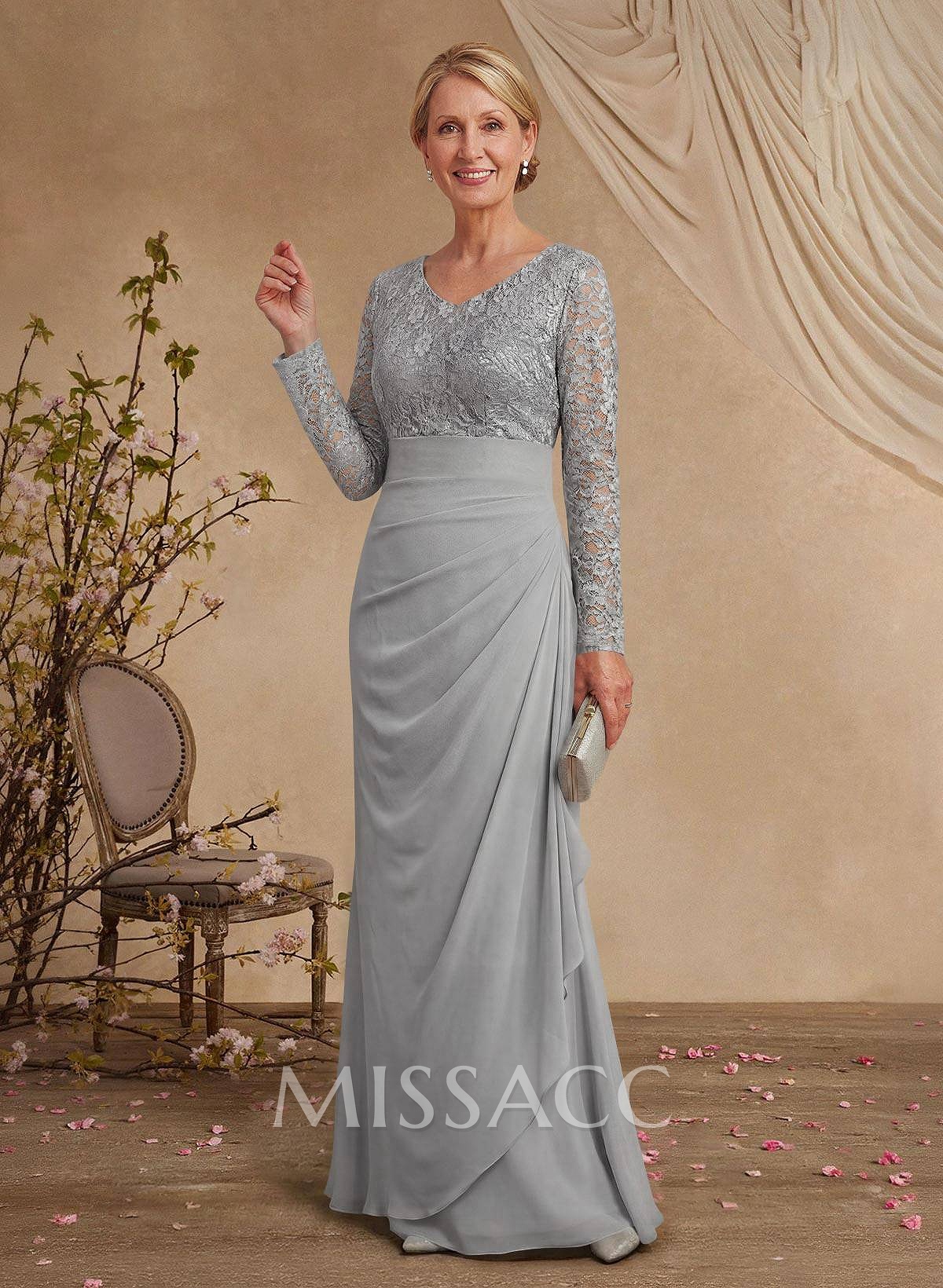Classy V-Neck Long Sleeves Chiffon Mother Of The Bride Dresses With Ruffle/Lace