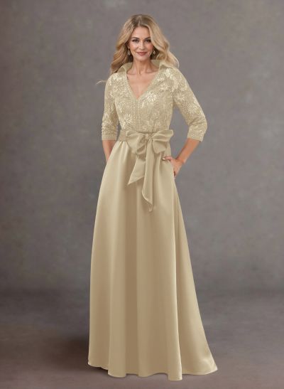 Classic V-Neck Bow Accented Satin Mother Of The Bride Dresses With Lace